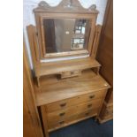 EDWARDIAN ARTS & CRAFTS STRIPPED PINE DRESSING TABLE WITH MIRRORED BACK & 3 LONG DRAWERS WITH