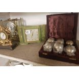 LOOPING ONYX 18 JEWEL MANTEL CLOCK & 2 OTHERS WITH BOXED SET OF PLATED GOBLETS