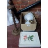 WOOD BARLEY TWIST FIRESIDE STAND, 3 F/G PICTURES & 3 OPAQUE LIGHT FITTINGS