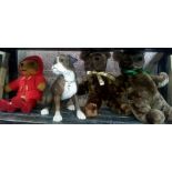 ONE PADDINGTON BEAR IN RED DUFFEL COAT, TWO BROWN BEARS & A SAT DOWN BOXER DOG