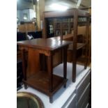 TWO SMALL OAK TABLES WITH SHELF UNDER & A BEVELLED EDGED GILT FRAMED MIRROR