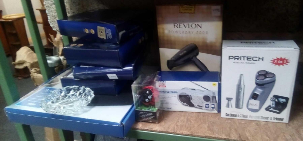 DIGITAL BATH SCALE, REVLON POWER DRY 200 HAIR DRIER, PRITECH 3 HEAD SHAVER, SMALL RADIO ALL IN BOXES