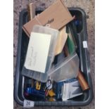 CARTON WITH SMALL UNUSED HAND TOOLS OF VARIOUS DESCRIPTIONS, HAMMERS, PLIERS, TWEEZERS, SHARPENING