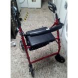 RED METAL 4 WHEELED WALKER WITH SEAT