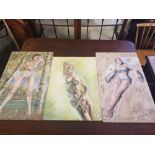 THREE OILS ON BOARDS OF NUDE WOMEN