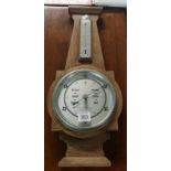 LIGHT OAK ART DECO BANJO BAROMETER & THERMOMETER