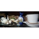 SHELF WITH MEDICAL PAN, WHITE SLOPE BUCKET, CHINA TEA POTS & DECORATIVE JUG