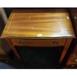 REPRODUCTION INLAID MAHOGANY HALL TABLE WITH DRAWER & BRASS DROP HANDLES