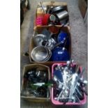 4 CARTONS OF MIXED KITCHENWARE INCL: CAKE TINS, SAUCEPANS & CUTLERY