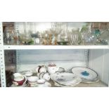 2 SHELVES OF MIXED GLASSES & PART COFFEE SETS BY SALISBURY FINE BONE CHINA WITH RED & GOLD RIMS,
