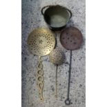 SMALL BRASS JAM POT, BRASS SKIMMERS & CHESTNUT ROASTER