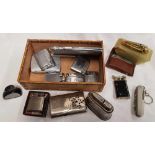 BOX WITH QTY OF VARIOUS DIFFERENT CIGARETTE LIGHTERS & HAND WARMER