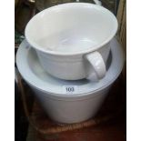 WHITE CERAMIC SLOP BUCKET WITH HANDLE & WHITE CHAMBER POT