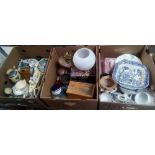 3 CARTONS OF MIXED CHINAWARE INCL: CHEESE DISHES, VASES, COPPER OIL LAMP & GLASS PAPER WEIGHTS