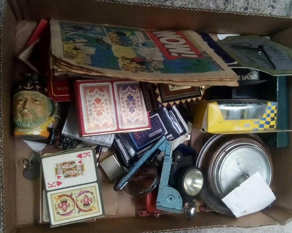 CARTON WITH PLAYING CARDS, SMALL BAROMETER, STAPLERS & OTHER BRIC-A-BRAC