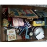 CARTON WITH PLAYING CARDS, SMALL BAROMETER, STAPLERS & OTHER BRIC-A-BRAC