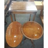 SMALL WALNUT TRIPOD WINE TABLE, OVAL COFFEE TABLE & RECTANGULAR HALL TABLE