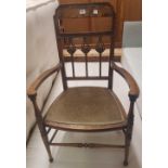 FINE QUALITY ARTHUR NEWBERRY CARVED OAK & INLAID ART NOUVEAU CARVER CHAIR WITH UPHOLSTERED SEAT