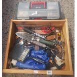 A WOODEN DRAWER WITH MISC HAND TOOLS & PLASTIC TOOL BOX WITH CONTENTS