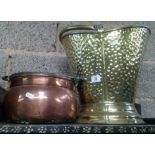 BRASS HAMMERED EFFECT COAL BUCKET & A COPPER POT WITH SWING HANDLE