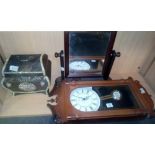 SMALL MAHOGANY SWING MIRROR, JEWELLERY CASKET & PENDULUM WALL CLOCK