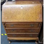 VICTORIAN WALNUT WRITING BUREAU WITH 3 DRAWERS & BRASS DROP HANDLES