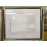 A WATERCOLOUR OF FIGURES FISHING ON A BEACH. SIGNED