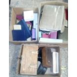 3 CARTONS OF MISC JEWELLERY BOXES, HANDBAG, DOMINO SET, WOODEN BOX WITH BUTTER PATS & MOULDS