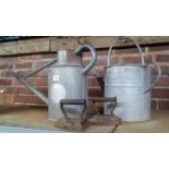 2 GALVANISED WATERING CANS, 1 WITH LONG SPOUT & 2 FLAT IRONS