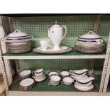 2 SHELVES OF AYNSLEY BONE CHINA DINNER WARE & TEA WARE PLUS WEDGWOOD COFFEE POT & MILK JUG