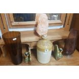 POTTERY CIDER FLAGAN FROM BANFIELD HONITON, 2 VASES, BIRD BOOK ENDS & SALT CRYSTAL ORNAMENT