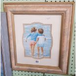 COLOUR PICTURE OF TWO CHILDREN INSCRIBED ''BIG SISTER'', TWO CHILDREN PADDLING IN THE SEA IN A