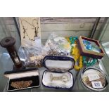 SHELF WITH MIXED BEADS, COSTUME JEWELLERY, SALT TIMER, PAPERWEIGHT & WATCH