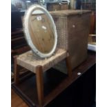 GOLD COLOURED LLOYD LOOM LINEN BASKET, SMALL STRUNG STOOL, & HAND PAINTED FREE STANDING MIRROR