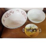 LARGE DECORATIVE WASH BOWL A/F, SMALLER WHITE BOWL A/F & SMALL ROYAL DOULTON DECORATIVE BOWL