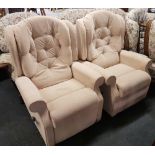 PAIR OF HIGH BACK, BUTTON BACK BEIGE ARMCHAIRS