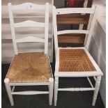 2 WHITE PAINTED KITCHEN CHAIRS - 1 CANE SEATED & 1 STRING SEATED, NARROW OAK BOOKSHELF & WIDER WHITE