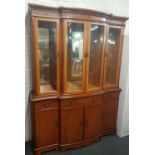 FINE QUALITY ROSS JOHN YEW WOOD SIDEBOARD & DISPLAY CABINET WITH SERPENTINE FRONT, BRASS DROP