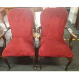 PAIR OF WOOD FRAMED & MAROON UPHOLSTERED ARMCHAIRS IN MAHOGANY WITH PAD FEET