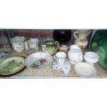 SHELF OF VARIOUS JUGS, JARDINIÈRE'S, VASES & A CLARICE CLIFF CROCUS PATTERN PLATE