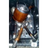 CARTON WITH WOODEN BISCUIT BARREL, CORK SCREW, BONE HANDLED CARVING SET & PLATED SPOONS