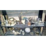 2 SHELVES OF MIXED BRASS PEWTER & PLATED WARE INCL: FOX HEAD DOOR STOP, BRASS CANDLES STICKS &