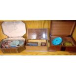 VINTAGE TIN WITH SEWING KIT & 2 WOODEN TRINKET BOXES WITH TINS OF AIR GUN PELLETS