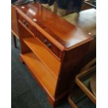 POLISHED MAHOGANY & WALNUT HALL TABLE WITH PAIR OF DRAWERS & SHELF