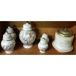 SHELF OF JAPANESE LIDDED VASES & A VICTORIAN BISCUIT BARREL