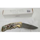 FRANKLIN ABALONE HANDLE DAMASK BLADE FOLDER KNIFE