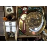 2 GILT FRAMED WOOL EMBROIDERED PICTURES, MIRROR, 2 BRASS TRAYS, BAROMETER & CARTON WITH CLIP PHOTO