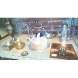 SHELF WITH MISC METAL WARE INCL: COFFEE POT, URN, 3 BRANCH CANDLE STICK & A COPPER KETTLE