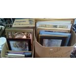 2 CARTON OF VARIOUS F/G PICTURES INCL: COPPER MAP OF THE WORLD & OTHER GILT EDGE PICTURES,