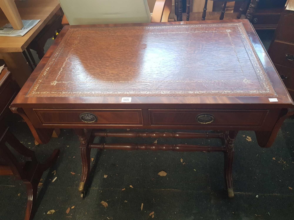 2 DRAWER INLAID SOFA TABLE WITH LEATHER TOP